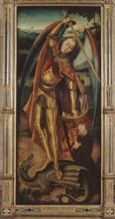 Saint Michael slaying the dragon, after Bermejo, between 1875 and 1900.