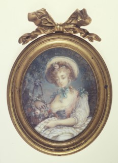 L'Aimable Paysanne, c.1780. Woman wearing bonnet, with basket of flowers.