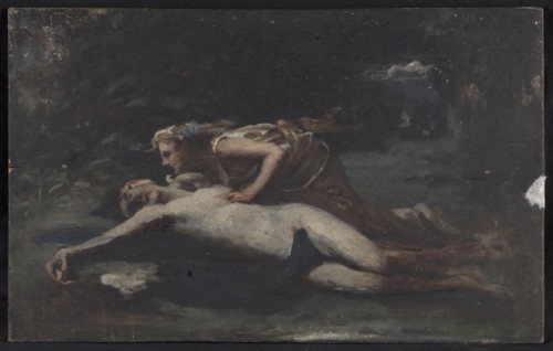 Pyrame et Thisbé, c.1875. Pyramus and Thisbe - Thisbe finds Pyramus' dead body.