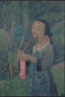 Tricoteuse au bas rose, 1920. Knitter with pink stocking. Young Bretonne woman.