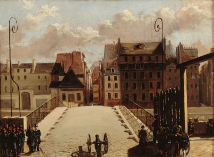 Pont de l'Archevêché guarded by troops during the 1848 revolution. Creator: Unknown.
