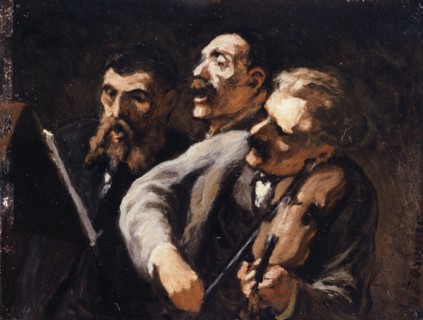 Trio d'amateurs, between 1863 and 1867. Amateur musicians, violinist and two singers.