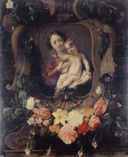 Vierge à l'enfant dans une couronne de fleurs, 17th century. Creator: Daniel Seghers.