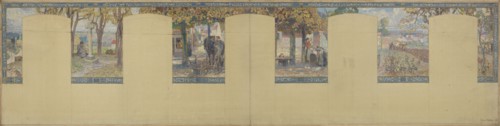 Esquisse pour la mairie de Fresnes : Paysage. Scènes de village, 1905. Village scenes.