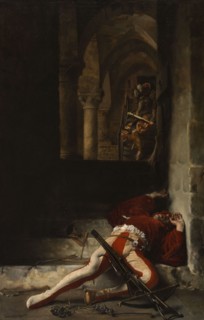 Le Guet-apens, 1869. The Ambush. Man lying injured or dead, with a crossbow and arrows.