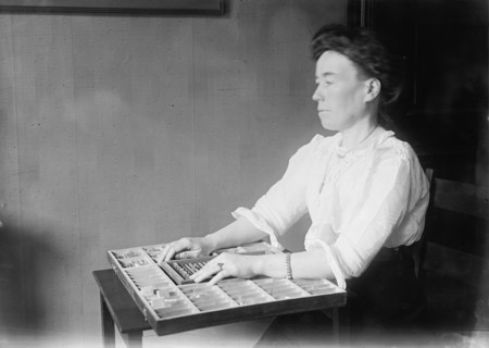The Blind, Interiors of Library - Institute of The Blind, 1912. Woman with braille type.