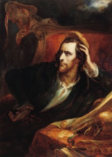 Faust dans son cabinet, c.1848. Faust in his study. Mephistopheles appears in the shadows.