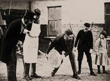 John Boyd Dunlop experiments with his pneumatic tire wheel, End of 1880s. Private Collection.