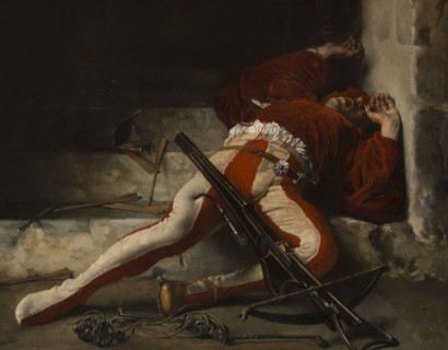Le Guet-apens, 1869. The Ambush, detail. Man lying injured or dead, with a crossbow and arrows.