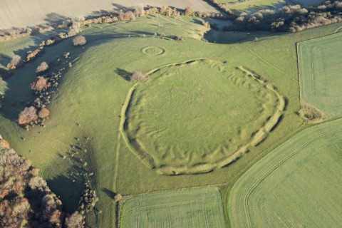Unfinished Early Iron Age univallate hillfort earthwork situated on Ladle Hill, Hampshire, 2017.