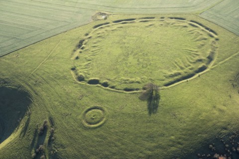 Unfinished Early Iron Age univallate hillfort earthwork situated on Ladle Hill, Hampshire, 2017.