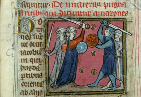 Amazons in battle. From Liber de natura rerum by Thomas de Cantimpré, um 1290. Creator: Anonymous.