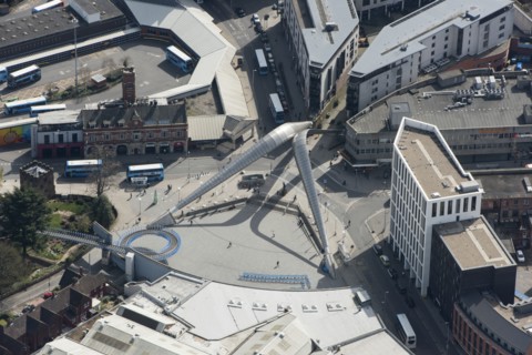The Whittle Arch, dedicated to Sir Frank Whittle, inventor of the turbojet engine, Coventry, 2021.