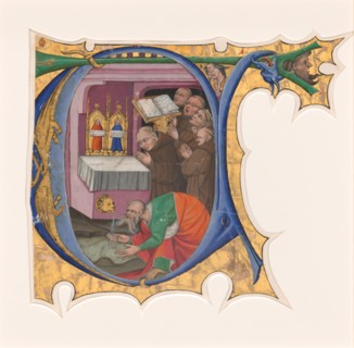 Initial T with a group of Benedictine monks singing before an altar from which issues water, 1430s.