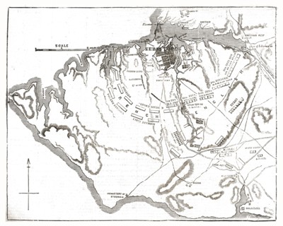 'Chart showing the relative positions of the batteries and Allied Forces around Sebastopol', 1854. Creator: Unknown.