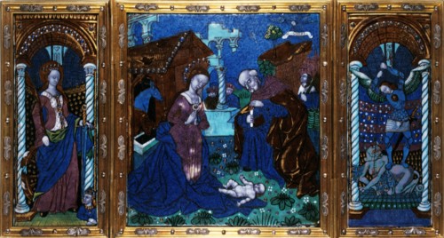 The Nativity with St Catherine and St Michael, c.1500. Creator: Workshop of the Master of the Triptych of Louis XII.