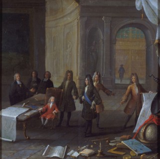 Louis XV as a child receiving a lesson, in the presence of Cardinal de Fleury and the..., c1715-1725 Creator: Unknown.