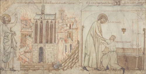 Saint Éloi saves Saint-Martial church on the Île de la Cité from a fire. Saint Eloi cures..., c1250. Creator: Unknown.