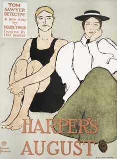 Harper's August, Tom Sawyer Detective a new story by Mark Twain Begins in this Number, c1896. Creator: Edward Penfield.