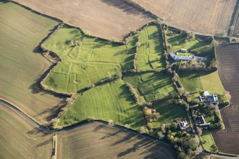 Deserted medieval settlement of Frisby and associated ridge and furrow, near Billesdon, Leics, 2020. Creator: Damian Grady.