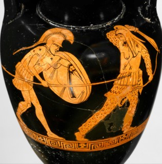 Greek soldier fighting a Persian (Terracotta red-figure Nolan amphora) , ca 470 BC. Creator: Ancient pottery, Attican Art  .
