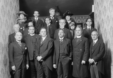 Unidentified Group On Entrance Stairway of John Barrett's Residence; 12 Men, 3 Women, Child, 1915.  Creator: Harris & Ewing.