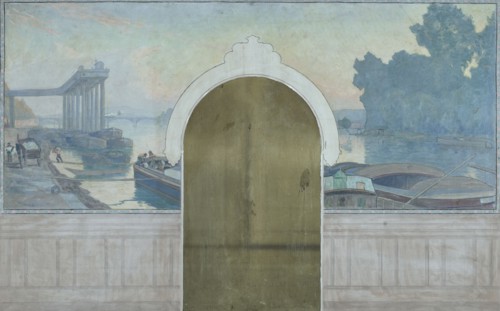 Esquisse pour la salle de mariages de la mairie d'Asnières : Paysage. Péniches sur la..., c.1900. Creator: Henri Marius-Camille Bouvet.