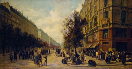 Queue à la porte d'une épicerie (angle de la rue Réaumur et du boulevard Sébastopol)..., 1871. Creators: Alfred Decaen, Jacques Guiaud.