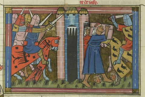 The siege of Ascalon in 1153 (From "Li rommans de Godefroy de Buillon et de Salehadin"), 1337. Creator: Maître de Fauvel (active 1314-1340).