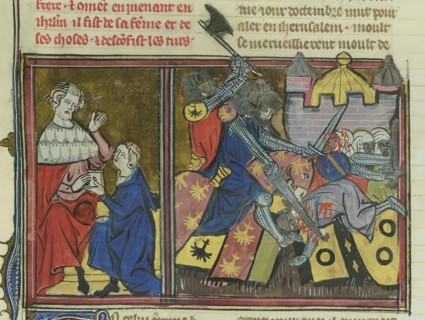 The Battle of Nahr al-Kalb in 1100 (From "Li rommans de Godefroy de Buillon et de Salehadin"), 1337. Creator: Maître de Fauvel (active 1314-1340).