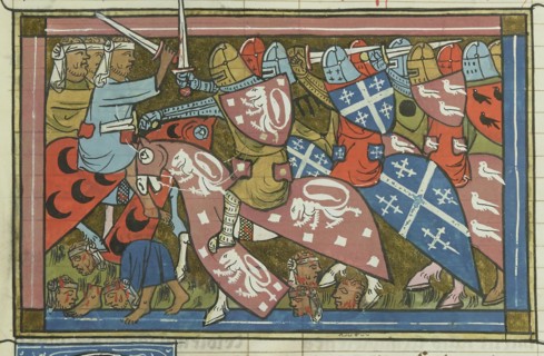 The siege of Damietta of 1218-1219 (From "Li rommans de Godefroy de Buillon et de Salehadin"), 1337. Creator: Maître de Fauvel (active 1314-1340).