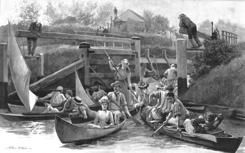 ''On the way to Henley - A scene at Cookham Lock', 1890. Creators: Unknown, Arthur Hopkins.