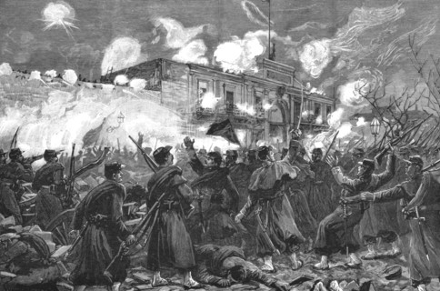 'Scenes at Buenos Ayres during the Revolution in Argentina; The fighting outside the Arsenal,1890 Creator: Unknown.
