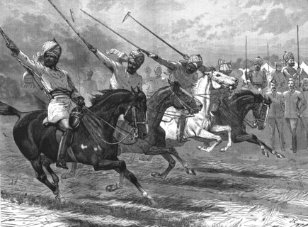 ''Military Life in India - Native Cavalry Tent-Pegging in Sections', 1890. Creator: Unknown.
