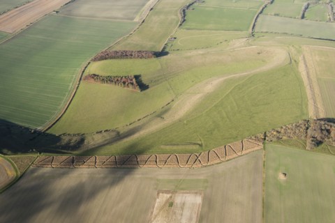 Field system earthwork, strip lynchet earthwork and the Giant's Grave Long Barrow on Fyfield Down, Wiltshire, 2017.