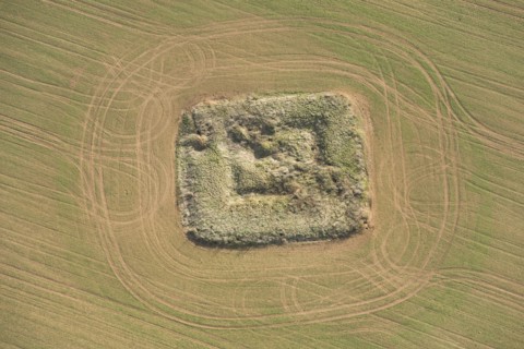 Square English Civil War gun emplacement earthwork on Nebsworth Hill, Ilmington, Warwickshire, 2018.