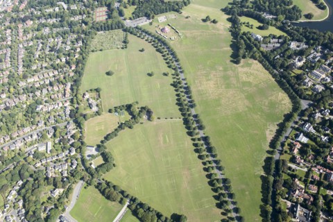 A palimpsest of sports pitches at Roundhay Park, Leeds, 2018.