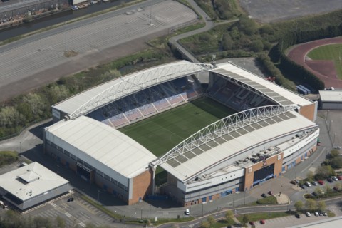 The DW Stadium, home of Wigan Athletic Football Club and Wigan Warriors Rugby League Football Club, Wigan, 2021.