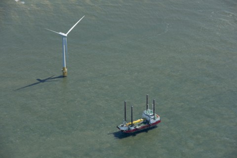 Wind turbine installation vessel at Scroby Sands Wind Farm, Norfolk, 2021.