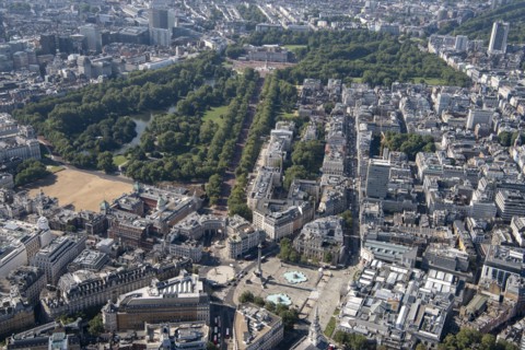 Looking south west from Trafalgar Square towards Buckingham Palace, St James, Greater London Authority, 2021.