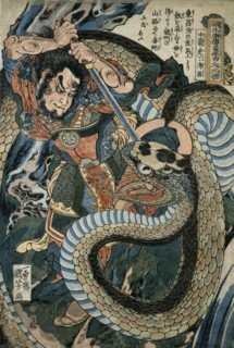 Chusenko Teitokuson (Ding Desun) attacked by a snake on a mountain path, 1827-1830.
