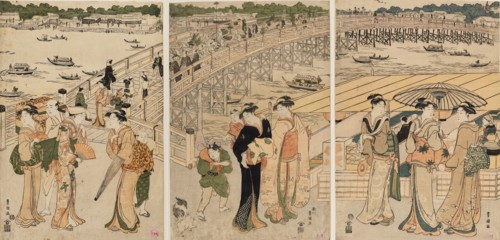 Ryogoku Bridge with figures in the foreground, 18th century.