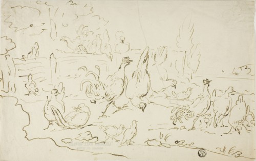 Chickens and Roosters in Yard, n.d.