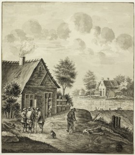 Men Conversing Outside House Beside Canal, after 1758.