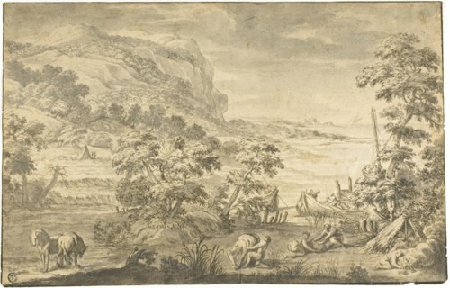 Italianate Coastal Scene with Fishermen, Encampment (recto); River Estuary (verso), 1675/99.