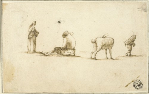 Sketches of Standing Woman, Seated Man, Goat, and Man Carrying Box on Back, n.d.