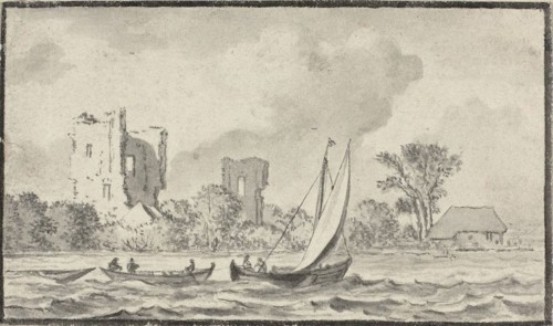 Three Boats on a River with Ruins Along the Shore, n.d. Attributed to Allart van Everdingen.