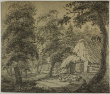 Thatched Hut in Woods with Shepherd and Sheep, n.d. Attributed to Anthonie Waterloo.