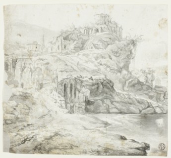 Rocky Promontory with Ruins and Cascades (recto); Sketch of Cliff with Buildings (verso), n.d. Creator: G E Petit.