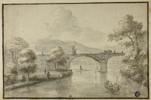 River with Arched Bridge and Boat, n.d. Attributed to Herman van Swanevelt.